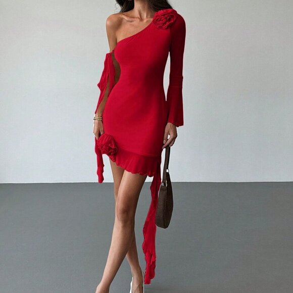Red Sexy Women's One-Shoulder Fitted Ruffle Hem Mini Dress - Picture 3 of 7